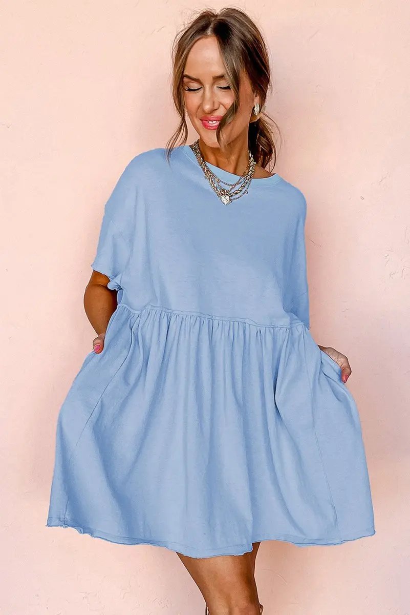 Sky Blue Solid Color Pocketed Raw Edge Babydoll Dress - Love Salve